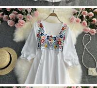 Primavera/Verano mujer viaje vacaciones Vintage largo estilo étnico bohemio bordado cintura atar algodón y vestido - details 5