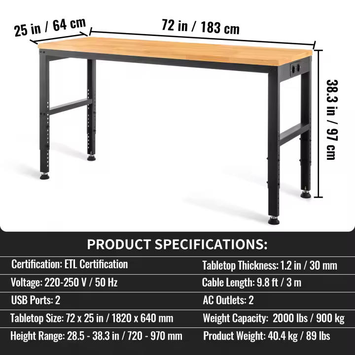 SucceBuy Banco de trabajo de altura ajustable, mesa de garaje con tomas de corriente, tapa de madera dura, estructura de metal, ruedas giratorias - 1