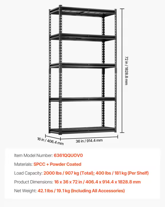SucceBuy Estantes de almacenamiento, capacidad de 2400 libras, estantería de metal ajustable de 4 niveles, 20" de profundidad x 40" de ancho x 60" de alto, para cocina, almacén, sótano, garaje, naranja - 1