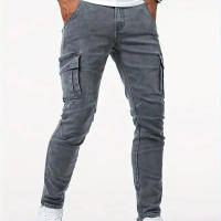 Jeans de Cargo de Denim Pantalones Casuales para Hombres de Cintura Media, Ajuste Delgado, Múltiples Bolsillos, Color Sólido - details 15