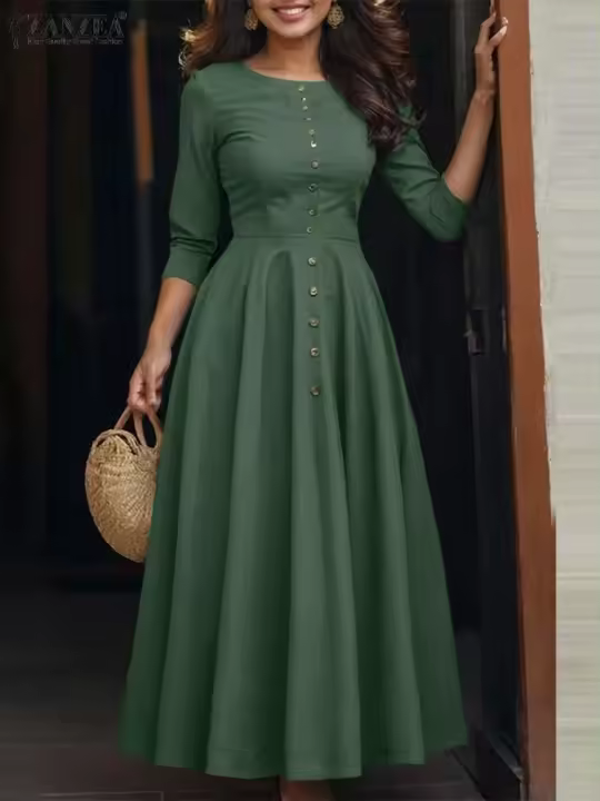 ZANZEA-vestido veraniego de primavera 2025, Vestidos de trabajo de fiesta de manga larga a la moda para mujer, bata por debajo de la rodilla con botones lisos, Vestidos elegantes informales para vacaciones - 1
