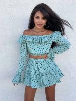 Marthaqiqi - Conjunto de pijama de lunares para mujer, top de manga larga con cuello diagonal, falda corta, pijama, Tre - details 4