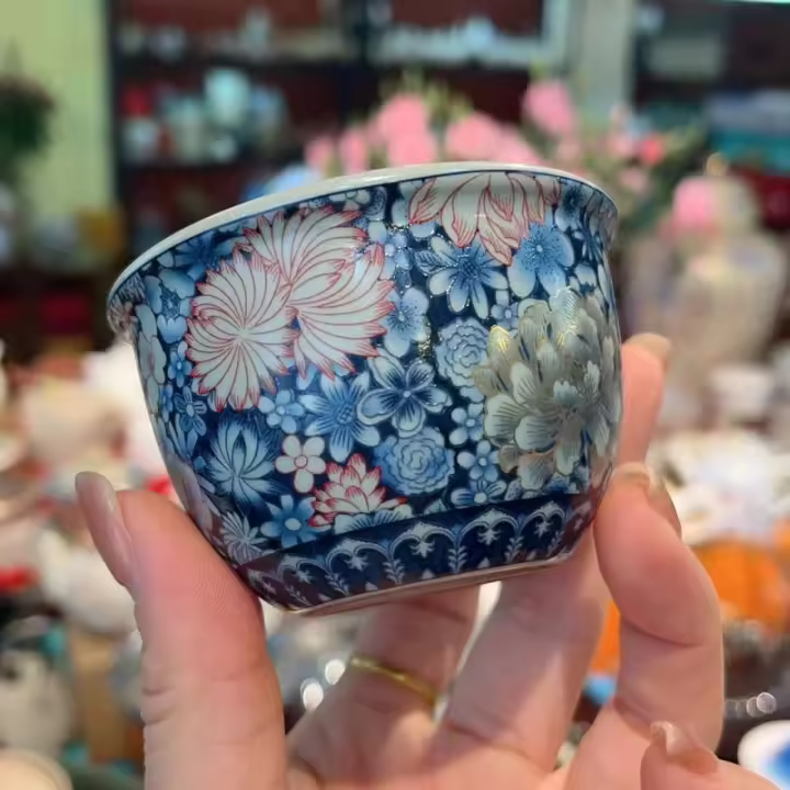 Ru kiln juego de kung fu de cerámica cubierto de tres piezas de peonía dorada de filigrana azul y blanca, juego de tazas de té de cuenco grande para el hogar - 1