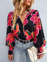 Camisa informal con estampado Vintage para mujer, blusa Retro para mujer, Top de manga larga con solapa y botonadura única, primavera y verano - details 5