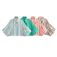 OUWU- Camisa Holgada A Rayas Con Manga De Burbuja Para Mujer, Gran Oferta De Temporada, Nuevo Estilo, Informal, Cuello Tipo Polo, Manga Corta, Top De Moda - details 2