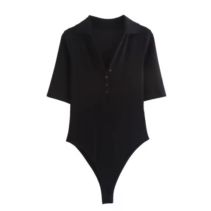 - Body de manga corta acanalado para mujer, body sexy con cuello en V y botones para fiesta y club, tops de cintura alta - 1