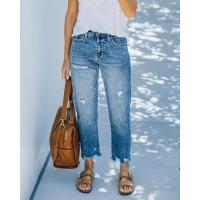 Vaqueros rasgados de cintura alta para mujer Pantalones vaqueros de estilo japonés azul claro - details 1