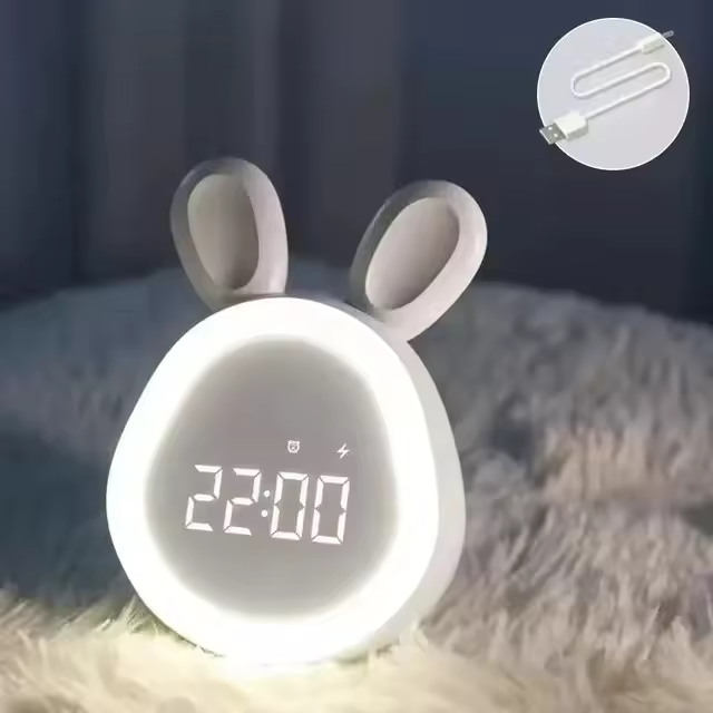 Mini reloj despertador LED de conejo de dibujos animados, luz nocturna para estudiantes, dormitorio, pantalla digital, luz de despertador para niños, carga USB - 1