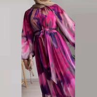 Nuevo vestido bohemio informal con estampado de manga y estampado Retro Maxi cuello redondo para mujer largo 2025 vestido de fiesta de gasa con cordones - details 6
