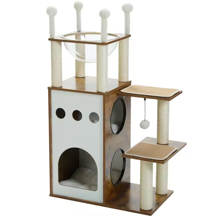 Árbol de madera para gatos, rascador para uso en interiores con poste rascador, accesorios para gatos y condominio - 1