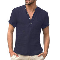 Novedad de verano, superventas, camiseta de algodón y cáñamo para hombre, camisa de manga corta sencilla semiabierta con botones y cuello levantado - details 1