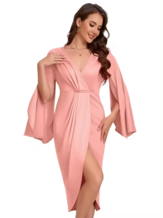 Vestido de noche para mujer con abertura, manga larga, cuello en V, color sólido, 2025 - 1