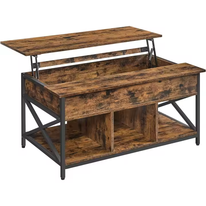 Centro, Mesa de Café con Tablero Elevable, para Dormitorio, con Espacio Abierto y Oculto, Barras en Forma de X, 60 x 100 x (48-62) cm, Marrón Rústico y Negro LCT205B01 - 1