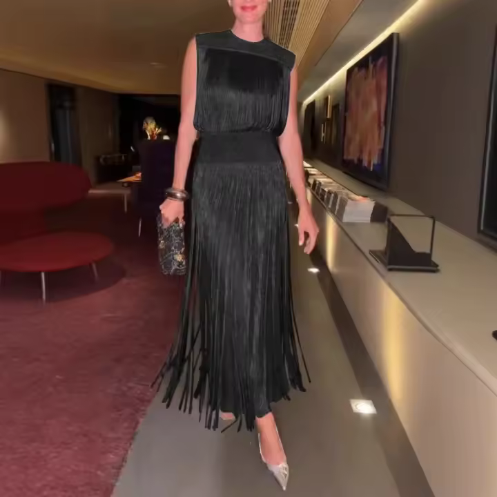 2025 Europa Y Los Estados Unidos Nuevo Vestido Elegante Borla Fiesta Vestido Sin Mangas Conjunto De Dos Piezas - 1