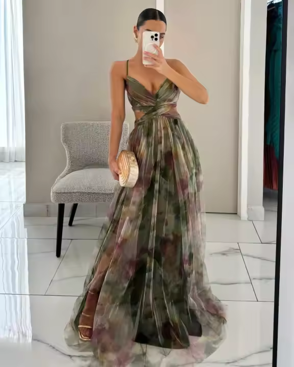 2025 primavera y verano europeos y americanos nuevo vestido de tirantes con estampado de malla INS vestido de fiesta informal de vacaciones - 1