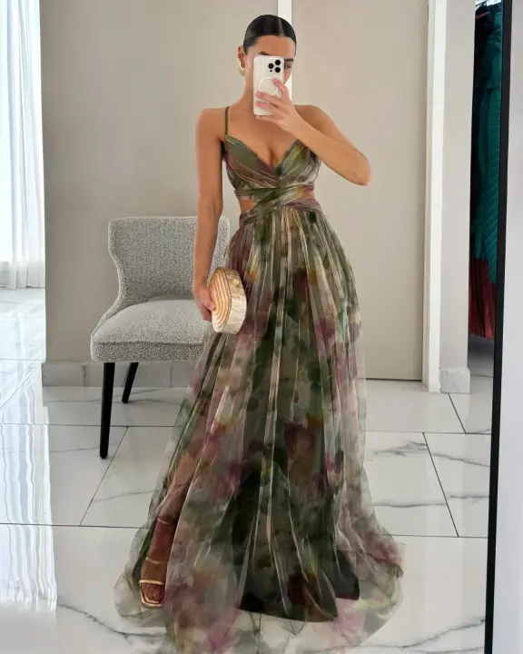 2025 primavera y verano europeos y americanos nuevo vestido de tirantes con estampado de malla INS vestido de fiesta informal de vacaciones - 1