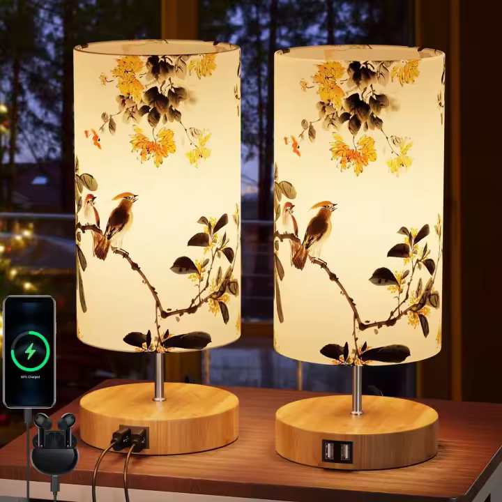 2 Piezas Lámpara de Mesilla de Noche con Puertos de Carga 2 USB, Impresa lampara mesita noche, Control Táctil Lampara de Mesa,luz mesita de noche con 3 Modos Brillos,para dormitorio salón Oficina - 1