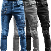 Jeans Retro Moto Biker Para Hombre Cierre Con Botón Y Cremallera Relleno Elástico Callejero Punk Skinny Denim Cargo Pantalones Y2K - details 1