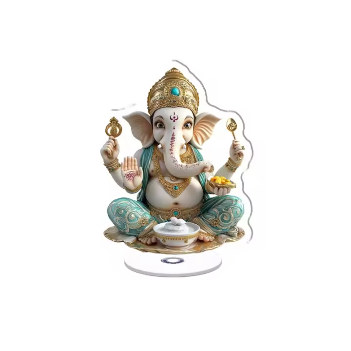 Adorno acrílico giratorio con un humorístico Ganesha con un tronco dorado, diademas turquesas y una expresión juguetona que equilibra una olla de leche en el vientre. - 1