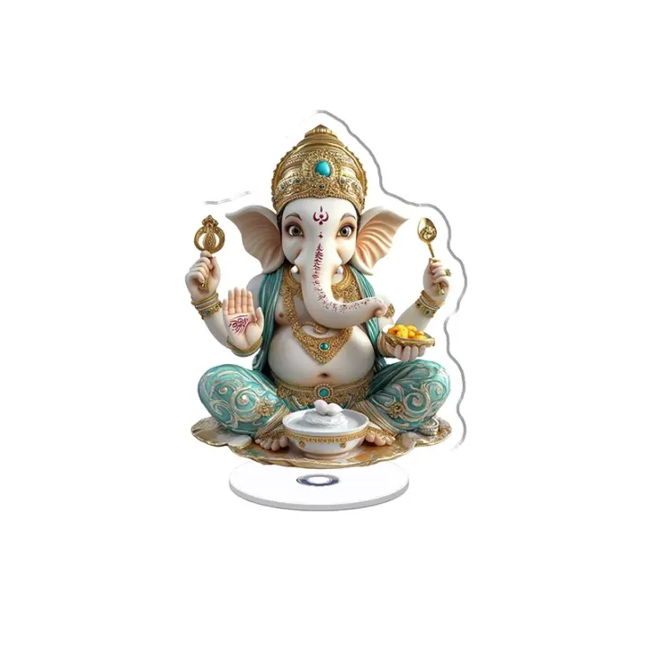 Adorno acrílico giratorio con un humorístico Ganesha con un tronco dorado, diademas turquesas y una expresión juguetona que equilibra una olla de leche en el vientre. - 1