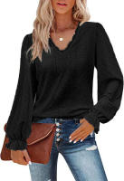Camiseta con cuello en V para mujer Camisa superior de manga plisada informal hueca de otoño - details 5