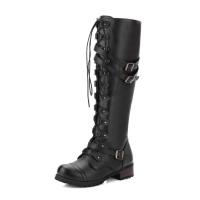 Botas de cuero con punta redonda y hebilla para mujer, botas planas con remaches y cordones, botas altas de caballero, otoño e invierno - details 2