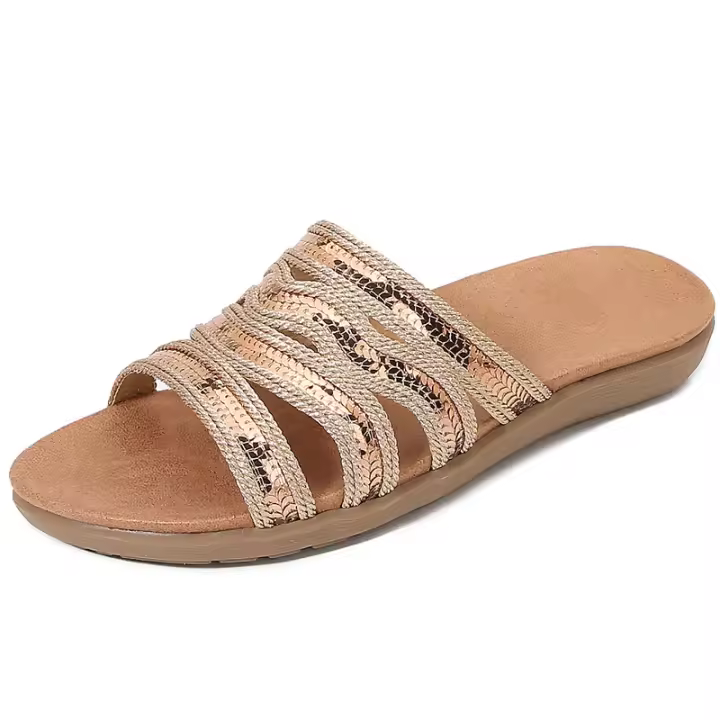 2025 Sandalias planas transpirables con diamantes artificiales: cómodos zapatos bohemios de verano para mujer para la playa, fiestas y uso diario, - 1