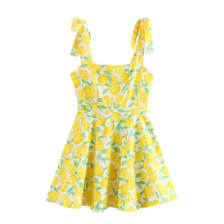 TRAFZA-Vestido corto sin hombros con estampado de frutas para mujer, minivestido elegante con cremallera, informal, con lazo, sin mangas, Verano - 1