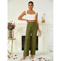 Acampanado para mujer, botones cruzados lisos, pierna recta, cintura alta, pantalones casuales de algodón elástico cómodo - details 15