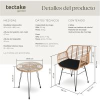 Conjunto Jardín Exterior de Ratán y Acero para 2 Personas, Muebles Jardín Exterior Resistentes a Intemperie, 2 Sillas con Cojines (Fundas Extraíbles), 1 Mesa con Cristal - Natural - details 5