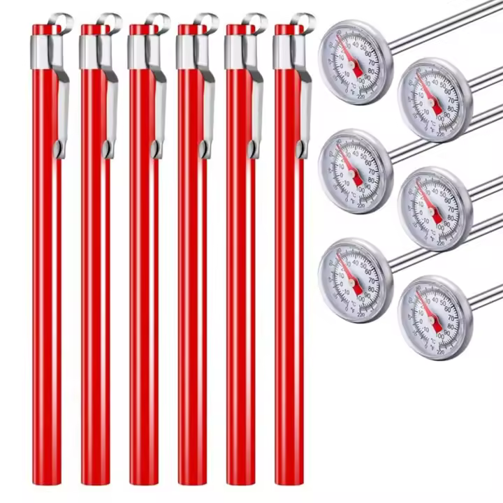 Termómetro de cocina de acero inoxidable, 6 piezas, rojo, 5 pulgadas de tallo largo, 1 pulgada, Dial, Espumador de leche, termómetro para alimentos - 1