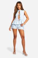 Conjunto de Moda de Cuadros Azules Verano Top de Cuerda con Lazo de Encaje sin Mangas y Shorts Cortos Desechados Conjunto Casual para Mujeres - details 0