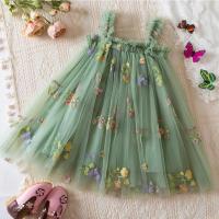 Vestido de malla para niña, niña de verano cubierto con bordado de flores, malla con tirantes verdes, vestido de princesa de playa - details 2