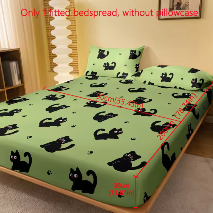 Sábana Ajustable con Estampado de Gato Negro de Dibujos Animados Poliéster Suave Cepillado, Diseño de Bolsillo Profundo para Decoración de Dormitorio y Habitación de Invitados, Lavable a Máquina - 1