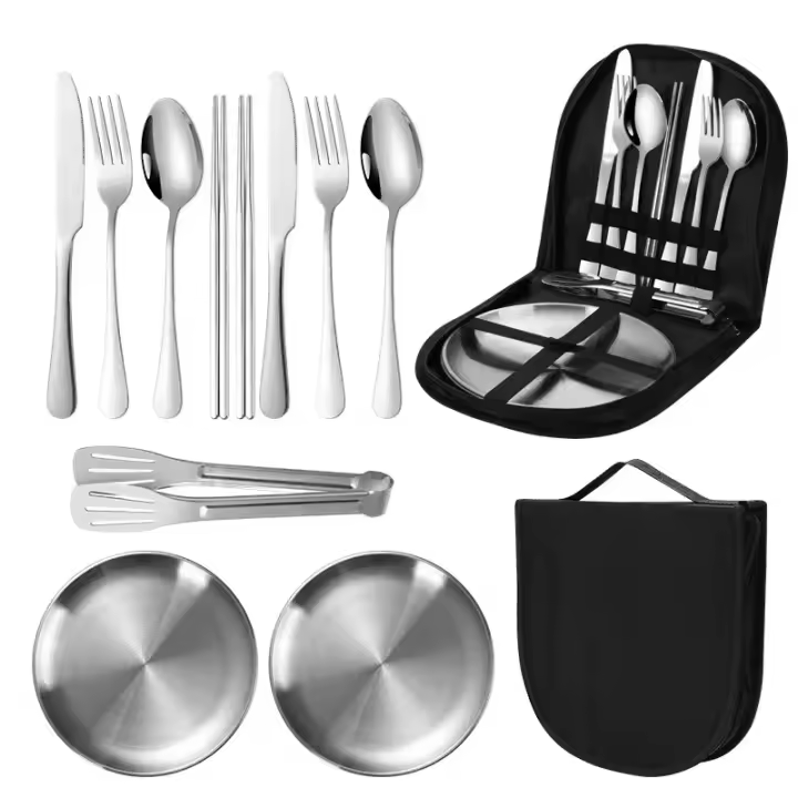 Juego de cubiertas de picnic portátil de acero inoxidable, equipo de camping para viajes al aire libre, 11 piezas por juego - 1
