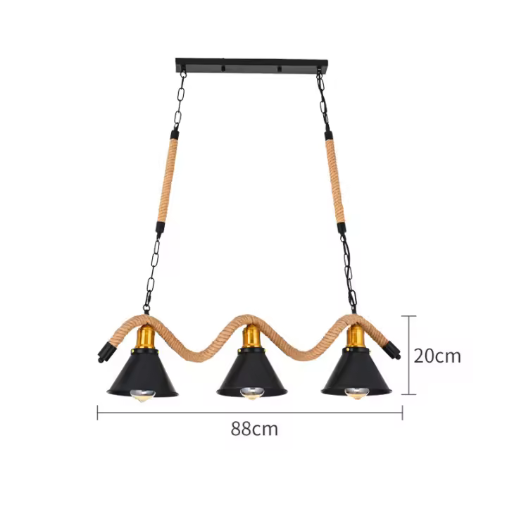 Lámpara colgante de Metal negro para mostrador de Bar, candelabro colgante de cuerda de cáñamo de granja Vintage para comedor, cocina y sala de estar, Isla de cocina, 3 lámparas - 1