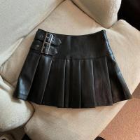 2025 minifaldas de cuero sintético para mujer, faldas plisadas de cintura alta, Estilo Vintage coreano, línea A informal, color negro, Y2K, S-3XL - details 8