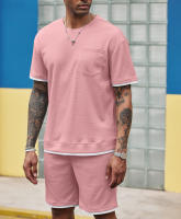 Traje deportivo de hombre con bloques de color, pantalones cortos de dos piezas, cuello redondo y camiseta de manga corta. - details 28