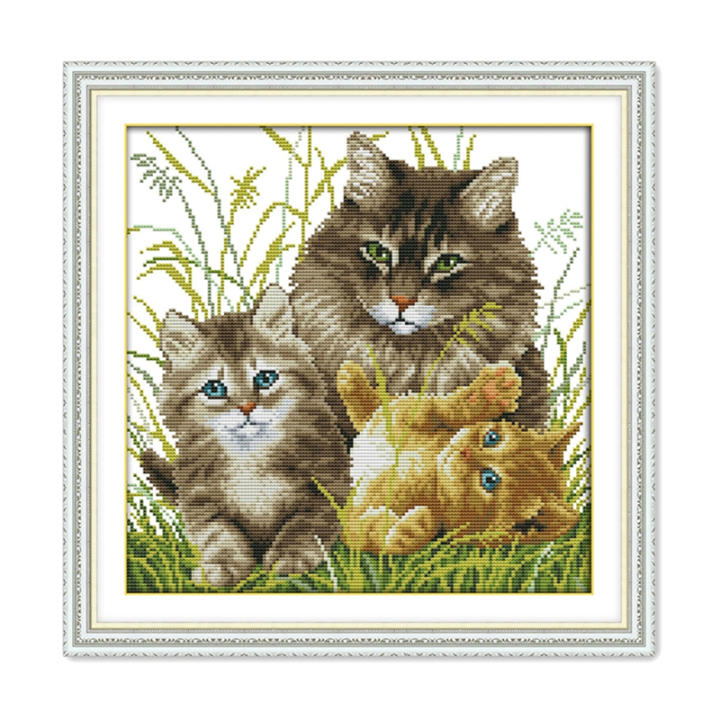 Kit de punto de cruz para familia de gatitos, lienzo de impresión, bordado, costura hecha a mano, aida, 14ct, 11ct
