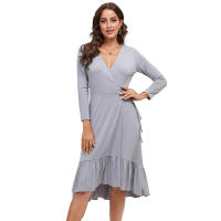 Vestido ajustado de manga larga con cuello en V y ribete de volantes, de color sólido y talla grande, para el trabajo, primavera 2025. - details 13