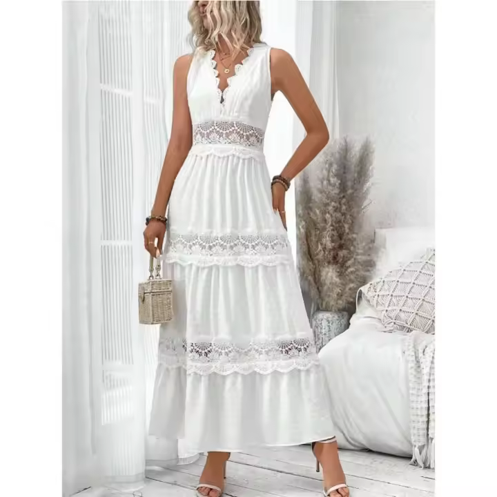 Un vestido largo blanco de cintura alta, sin mangas, hasta el tobillo, con escote en V para mujer. - 1