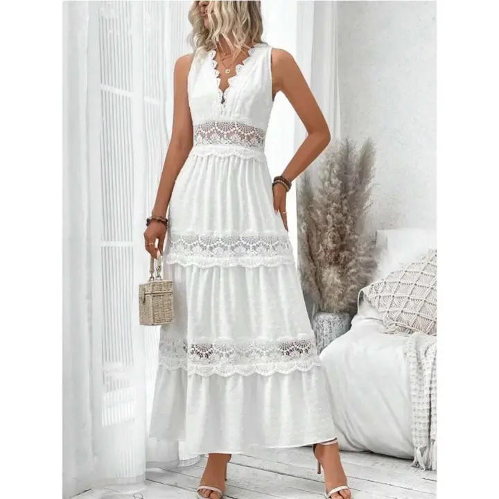 Un vestido largo blanco de cintura alta, sin mangas, hasta el tobillo, con escote en V para mujer. - 1