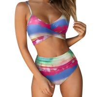 Traje de baño dividido de cintura alta para mujer, bikini multicolor con estampado de cuello halter cruzado - details 19