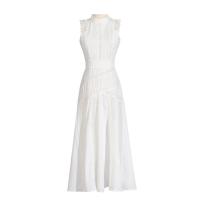 Vestido largo de mujer estilo retro francés simple, primavera-verano 2025, cuello redondo, sin mangas, cintura con encaje, color sólido. - details 0