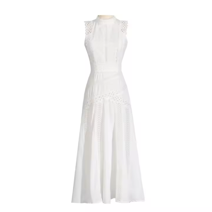 Vestido largo de mujer estilo retro francés simple, primavera-verano 2025, cuello redondo, sin mangas, cintura con encaje, color sólido. - 1