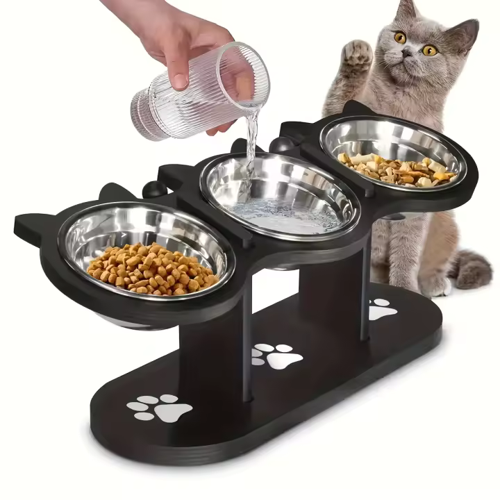 Soporte de Alimentación Elevado para Gatos de Madera 3 Tazones Ajustables a 15 Grados - 1