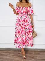 Vestido de manga de burbuja con falda mullida estampada con cuello de una línea de estilo nuevo de verano para mujer - details 0