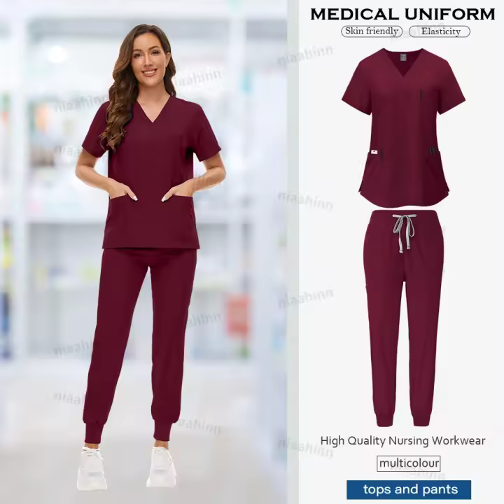 Exfoliantes médicos, accesorios de enfermería Dental, conjunto de Top de manga corta + pantalones, bata quirúrgica, uniforme de Spa transpirable para mujer - 1