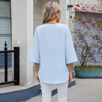 BUNO-2025 Blusa de moda con cuello en V para mujer, camisas de gasa de siete mangas con empalme de encaje, camisa holgada informal de Color sólido elegante para oficina, novedad de 20252 - details 6