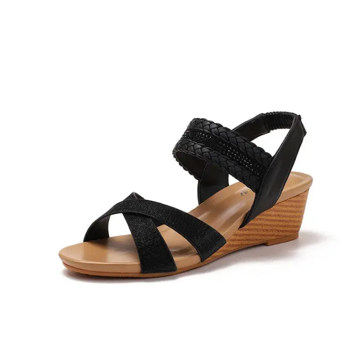 Sandalia sandalias de cuña para mujer, nuevo estilo étnico, punta abierta, zapatos romanos de tejido cruzado versátiles - 1